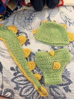 Handmade Green & Yellow Kids Dinosaur Hat, Tail and Diaper Cover Set